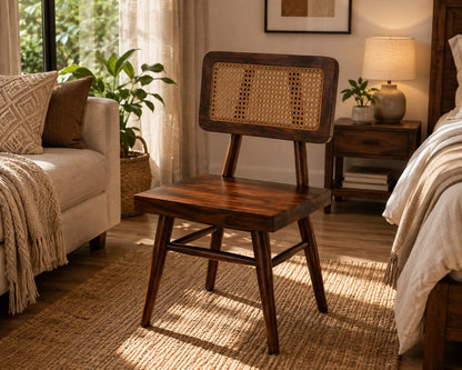 Premwood Solid Sheesham Wood Cane Dining Chair | Handwoven Rattan Backrest & Dark Walnut Finish
