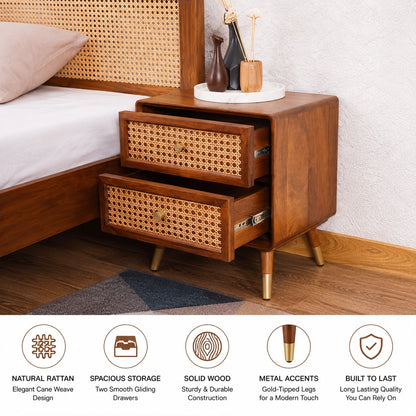 Premwood Solid Sheesham Wood Bedside Table with 2 Rattan Drawers | Honey Finish Nightstand with Cane Front & Brass-Tip Legs