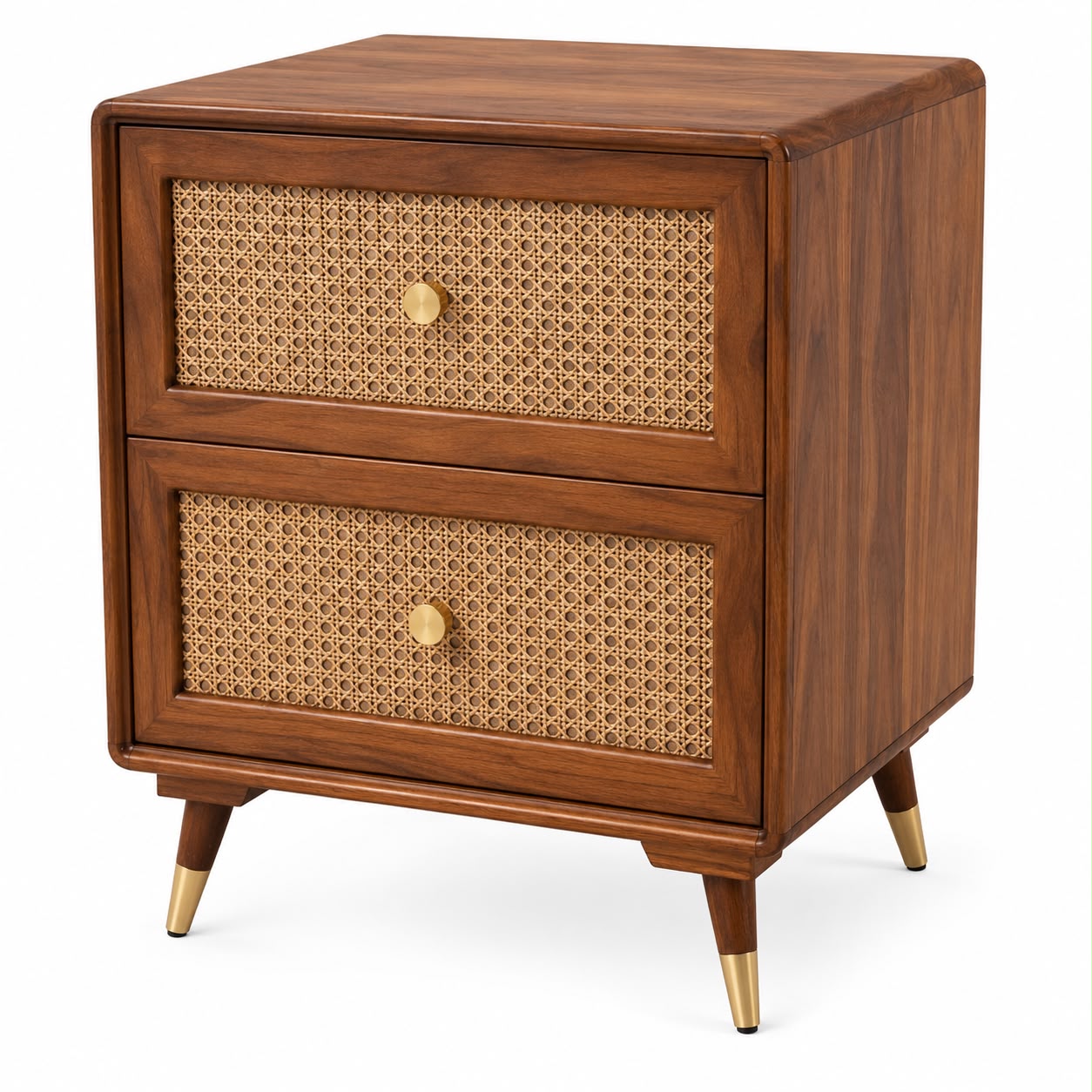Premwood Solid Sheesham Wood Bedside Table with 2 Rattan Drawers | Honey Finish Nightstand with Cane Front & Brass-Tip Legs