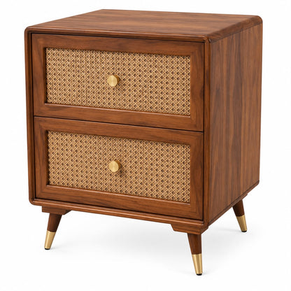 Premwood Solid Sheesham Wood Bedside Table with 2 Rattan Drawers | Honey Finish Nightstand with Cane Front & Brass-Tip Legs