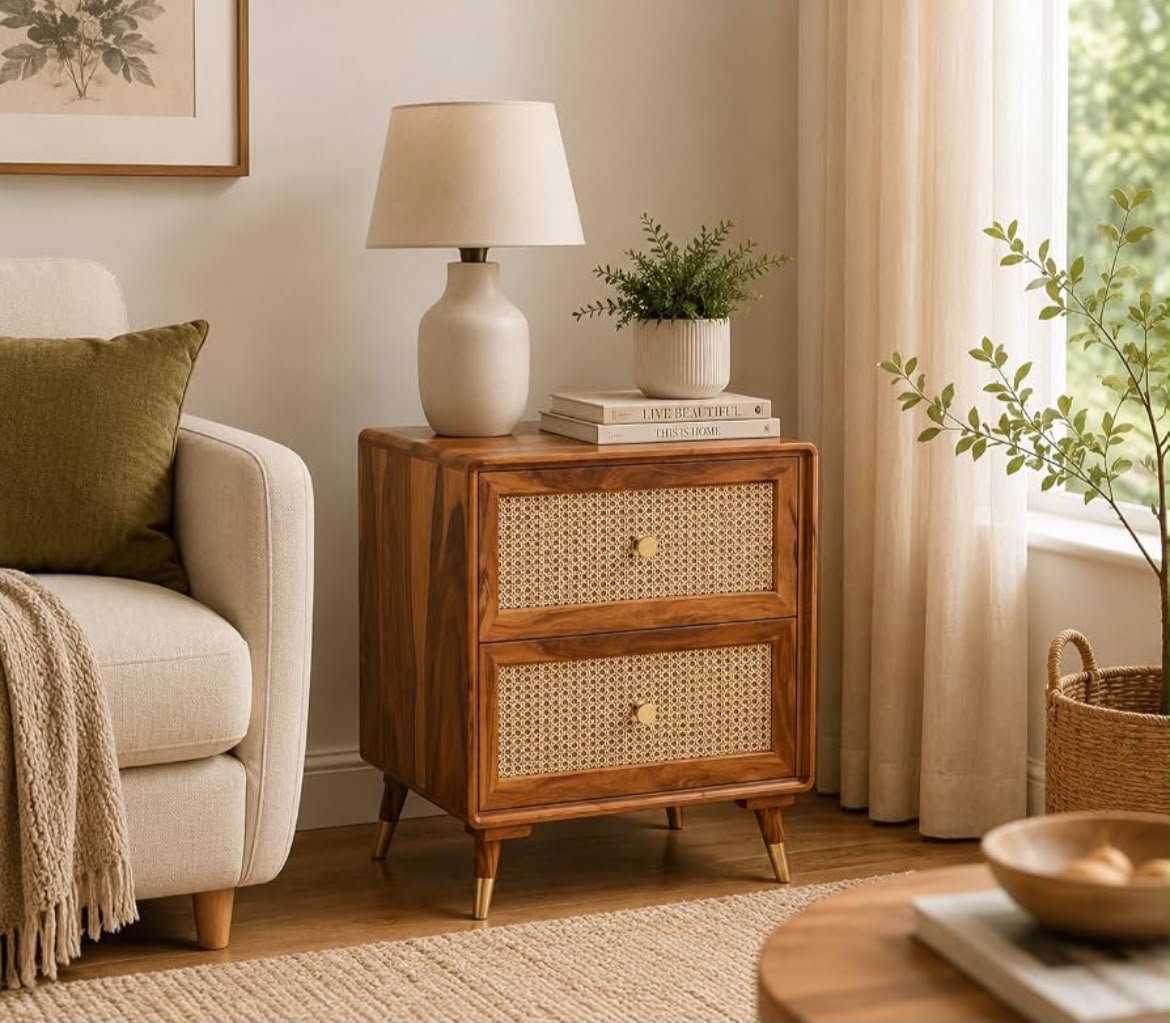 Premwood Solid Sheesham Wood Bedside Table with 2 Rattan Drawers | Honey Finish Nightstand with Cane Front & Brass-Tip Legs