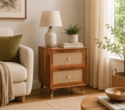 Premwood Solid Sheesham Wood Bedside Table with 2 Rattan Drawers | Honey Finish Nightstand with Cane Front & Brass-Tip Legs