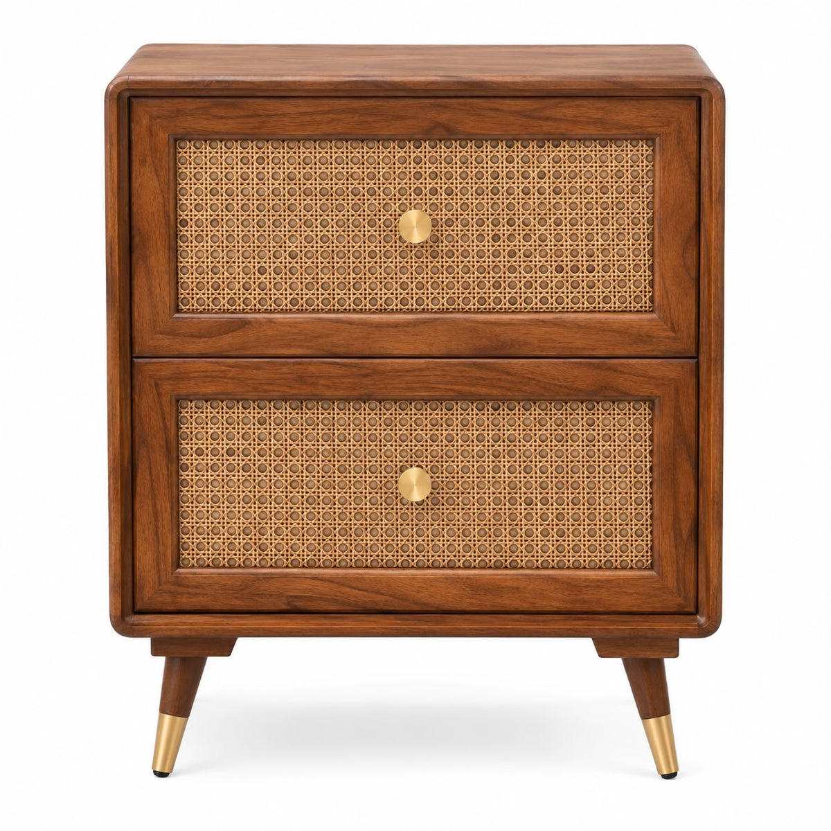 Premwood Solid Sheesham Wood Bedside Table with 2 Rattan Drawers | Honey Finish Nightstand with Cane Front & Brass-Tip Legs