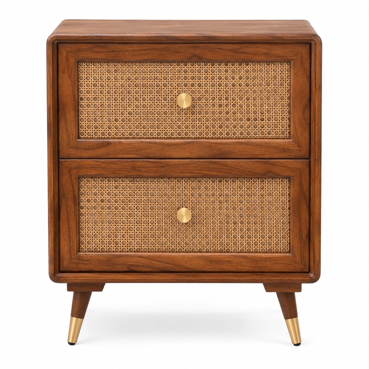 Premwood Solid Sheesham Wood Bedside Table with 2 Rattan Drawers | Honey Finish Nightstand with Cane Front & Brass-Tip Legs