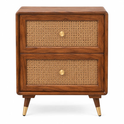 Premwood Solid Sheesham Wood Bedside Table with 2 Rattan Drawers | Honey Finish Nightstand with Cane Front & Brass-Tip Legs