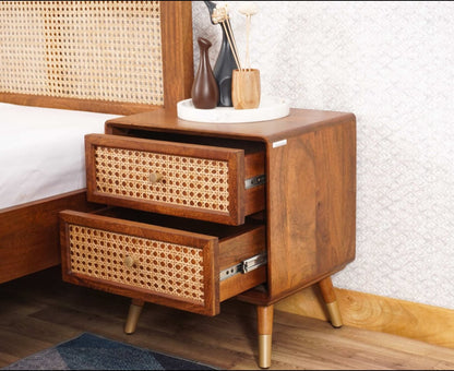 Premwood Solid Sheesham Wood Bedside Table with 2 Rattan Drawers | Honey Finish Nightstand with Cane Front & Brass-Tip Legs