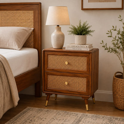 Premwood Solid Sheesham Wood Bedside Table with 2 Rattan Drawers | Honey Finish Nightstand with Cane Front & Brass-Tip Legs