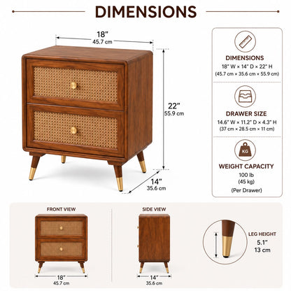 Premwood Solid Sheesham Wood Bedside Table with 2 Rattan Drawers | Honey Finish Nightstand with Cane Front & Brass-Tip Legs