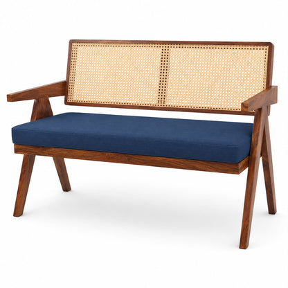 Premwood Solid Sheesham Rattan Cane Wooden Bench 2 Seater with Blue  Cushion, Modern Living Room Furniture, Handcrafted Design 48inch