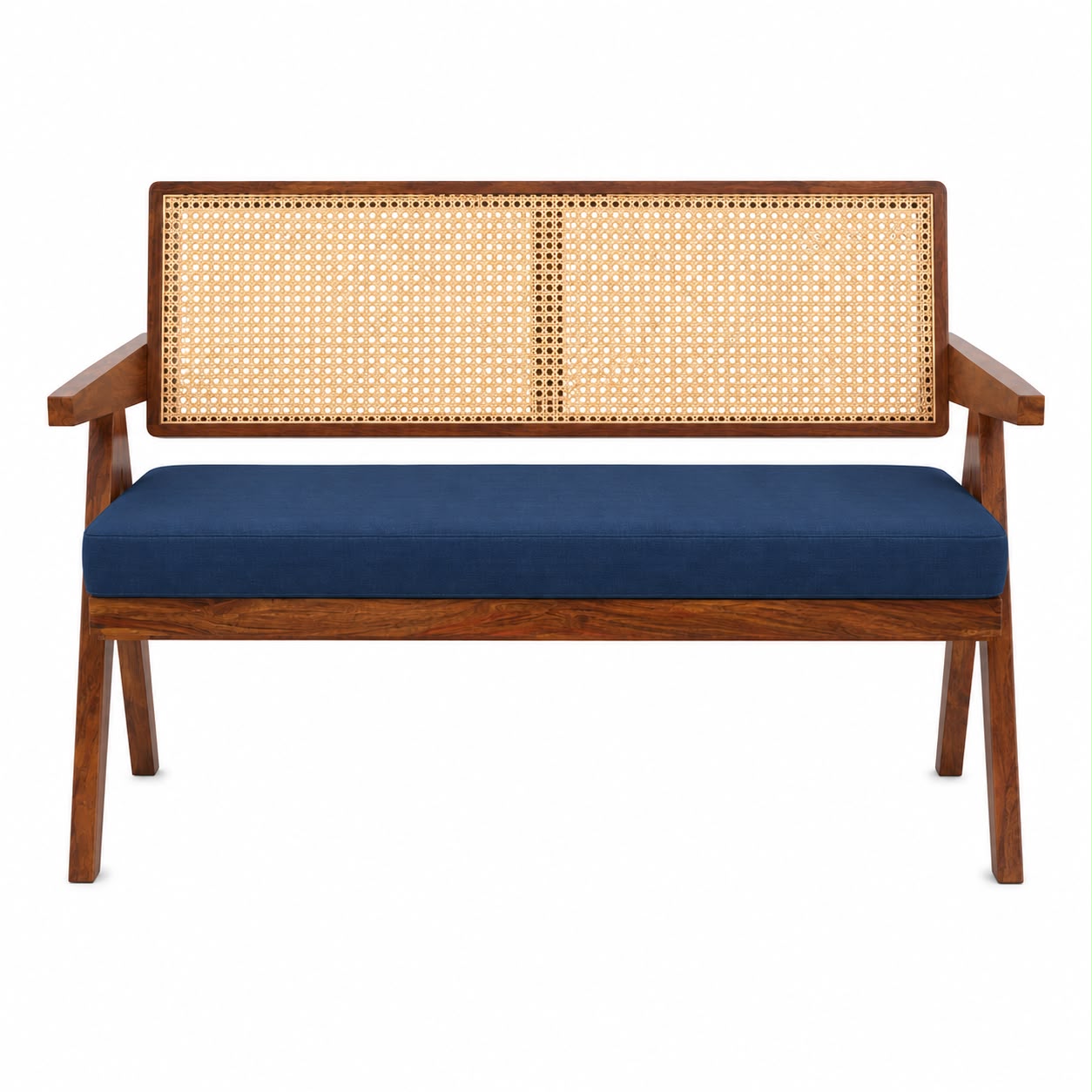 Premwood Solid Sheesham Rattan Cane Wooden Bench 2 Seater with Blue  Cushion, Modern Living Room Furniture, Handcrafted Design 48inch