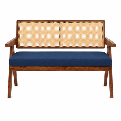 Premwood Solid Sheesham Rattan Cane Wooden Bench 2 Seater with Blue  Cushion, Modern Living Room Furniture, Handcrafted Design 48inch