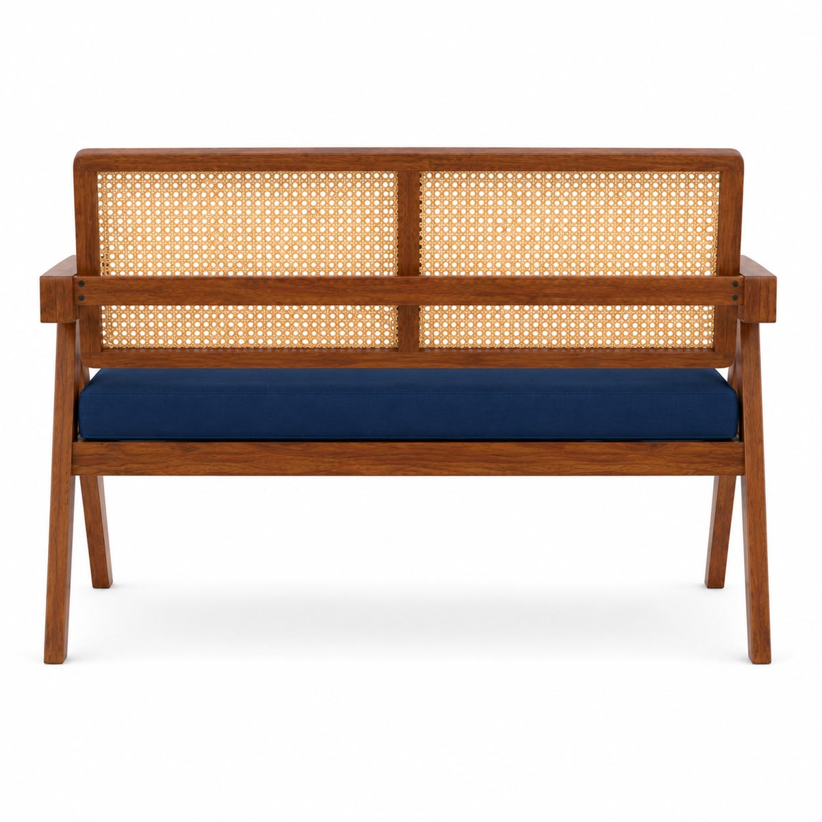 Premwood Solid Sheesham Rattan Cane Wooden Bench 2 Seater with Blue  Cushion, Modern Living Room Furniture, Handcrafted Design 48inch