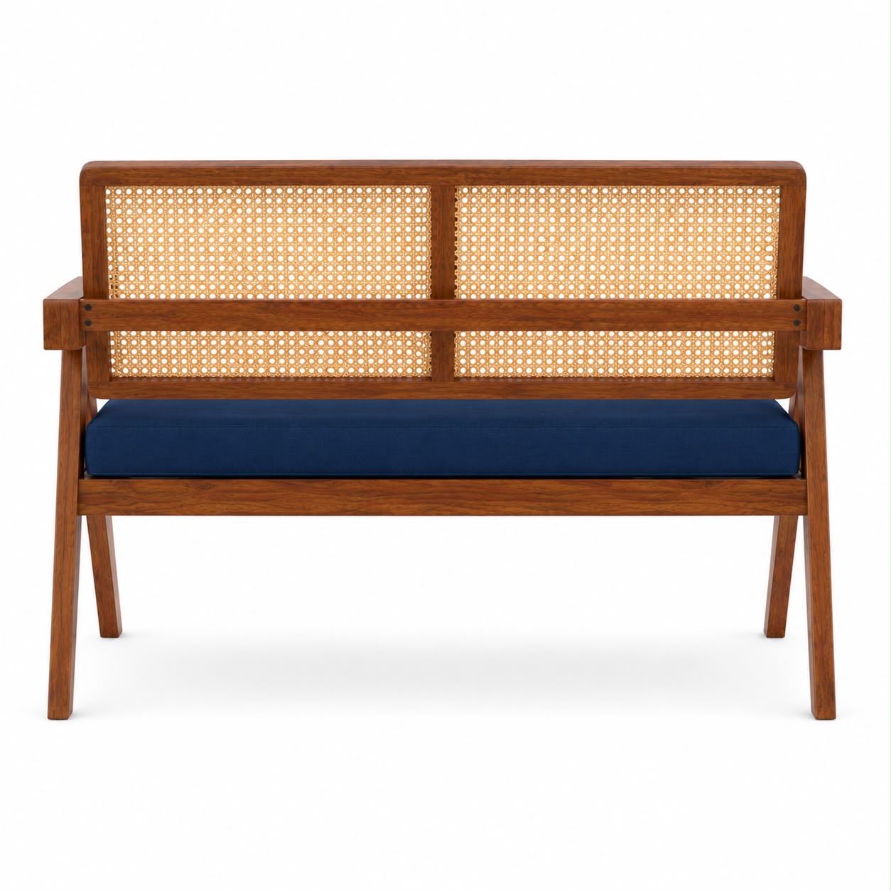 Premwood Solid Sheesham Rattan Cane Wooden Bench 2 Seater with Blue  Cushion, Modern Living Room Furniture, Handcrafted Design 48inch