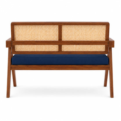 Premwood Solid Sheesham Rattan Cane Wooden Bench 2 Seater with Blue  Cushion, Modern Living Room Furniture, Handcrafted Design 48inch