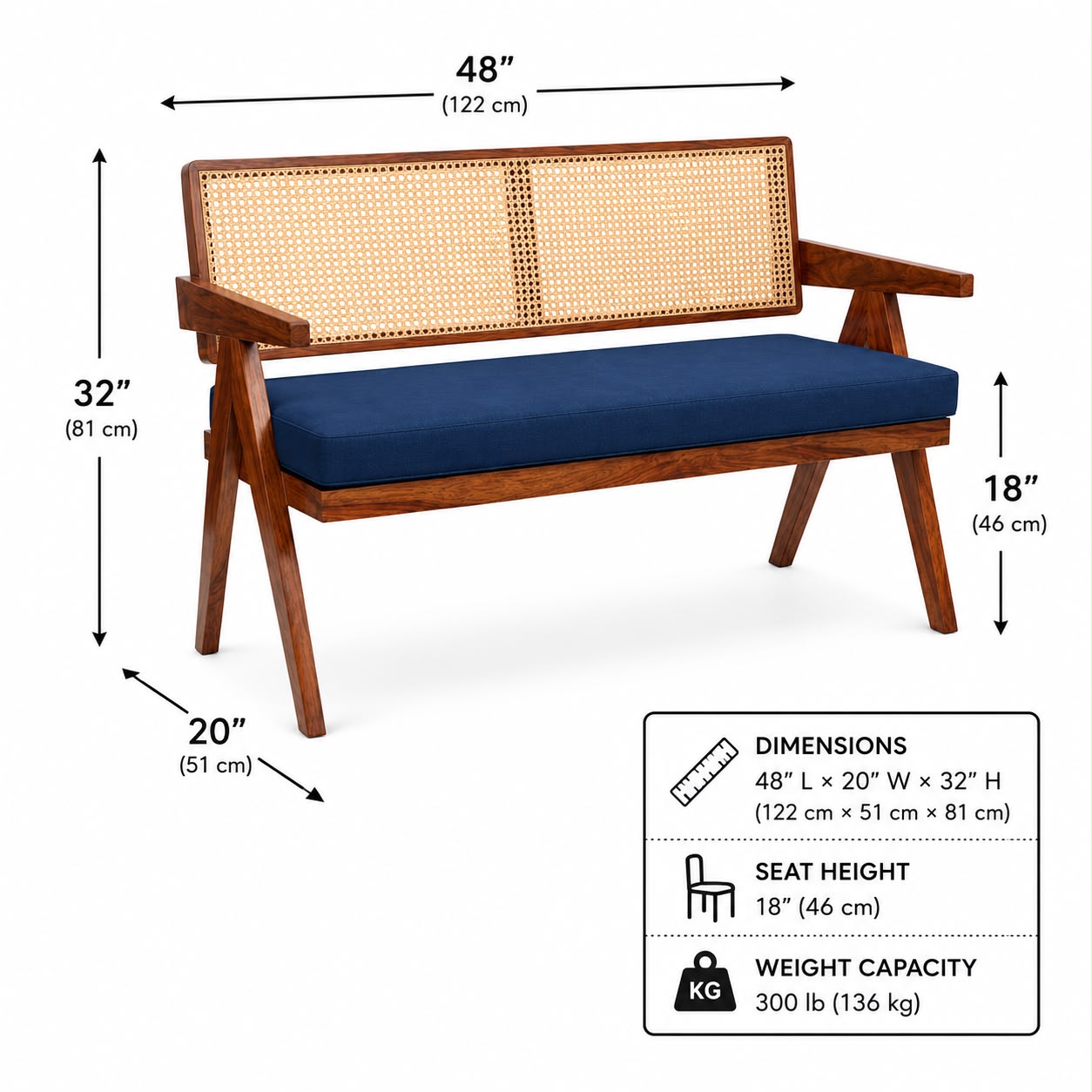 Premwood Solid Sheesham Rattan Cane Wooden Bench 2 Seater with Blue  Cushion, Modern Living Room Furniture, Handcrafted Design 48inch