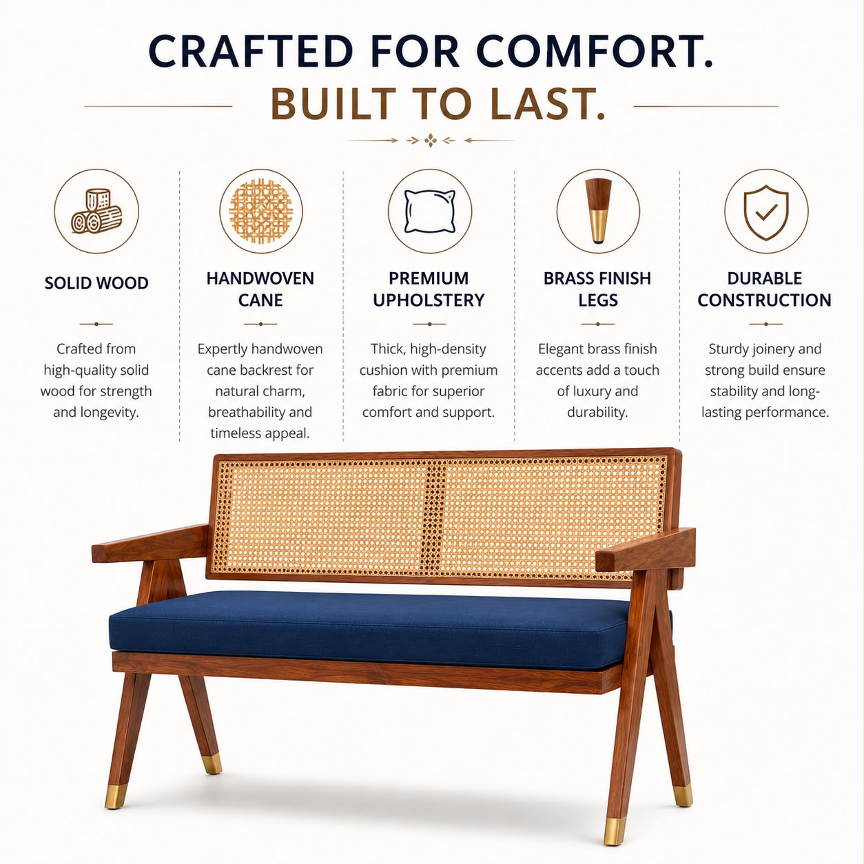 Premwood Solid Sheesham Rattan Cane Wooden Bench 2 Seater with Blue  Cushion, Modern Living Room Furniture, Handcrafted Design 48inch