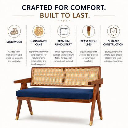 Premwood Solid Sheesham Rattan Cane Wooden Bench 2 Seater with Blue  Cushion, Modern Living Room Furniture, Handcrafted Design 48inch