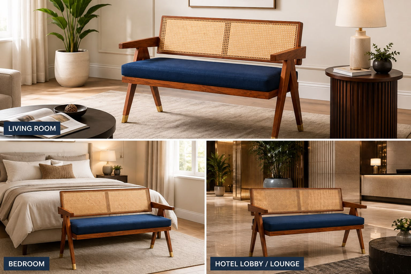 Premwood Solid Sheesham Rattan Cane Wooden Bench 2 Seater with Blue  Cushion, Modern Living Room Furniture, Handcrafted Design 48inch