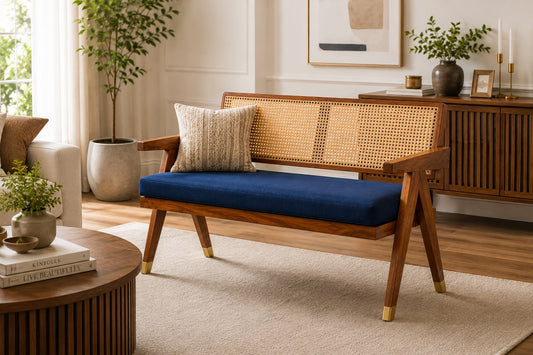 Premwood Solid Sheesham Rattan Cane Wooden Bench 2 Seater with Blue  Cushion, Modern Living Room Furniture, Handcrafted Design 48inch