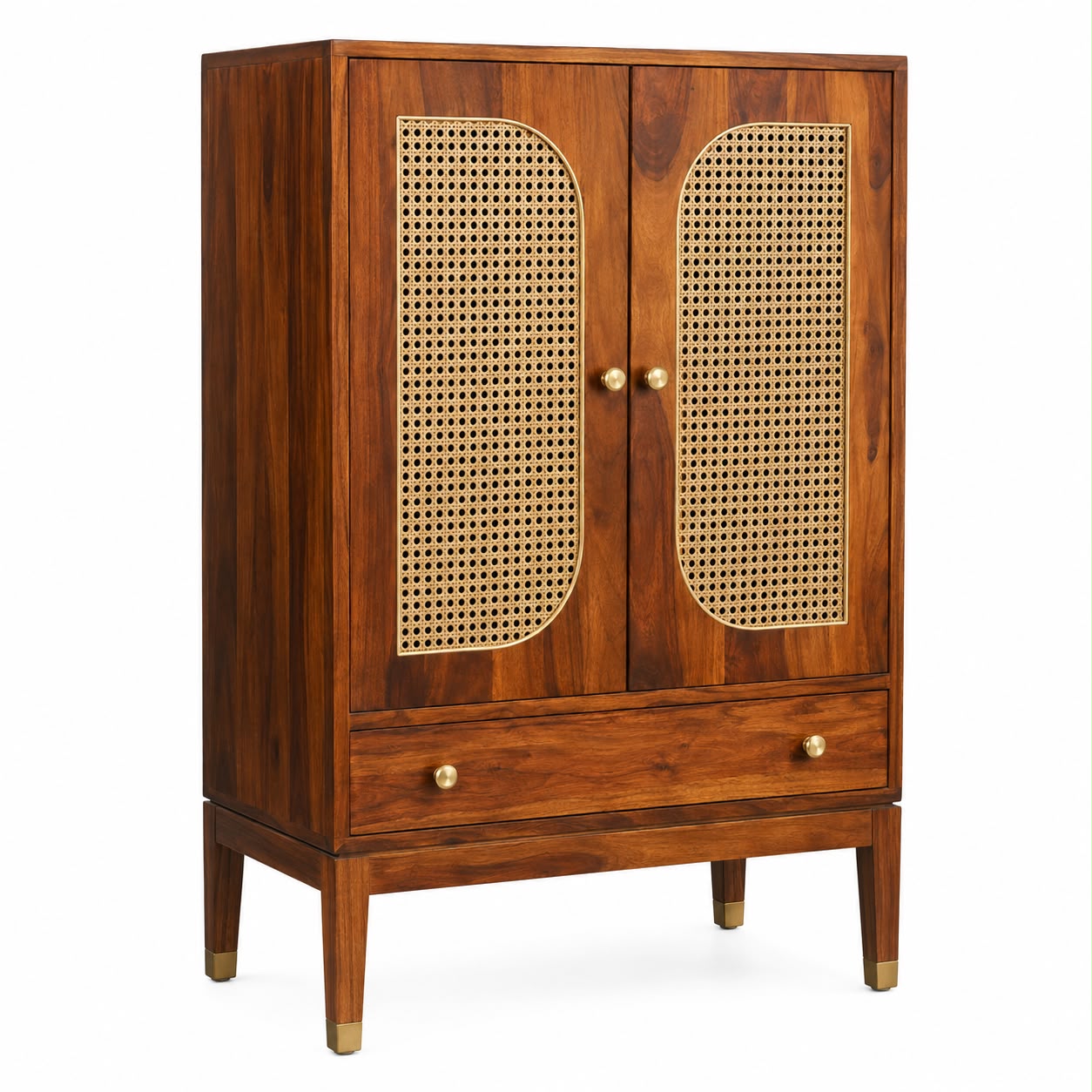 Premwood Solid Sheesham Wood Armoire Cabinet with Rattan Cane Doors | Wooden Storage Cabinet with 2-Door Wardrobe & Drawer | Honey Finish for Bedroom & Living Room