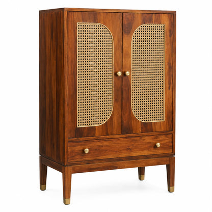 Premwood Solid Sheesham Wood Armoire Cabinet with Rattan Cane Doors | Wooden Storage Cabinet with 2-Door Wardrobe & Drawer | Honey Finish for Bedroom & Living Room