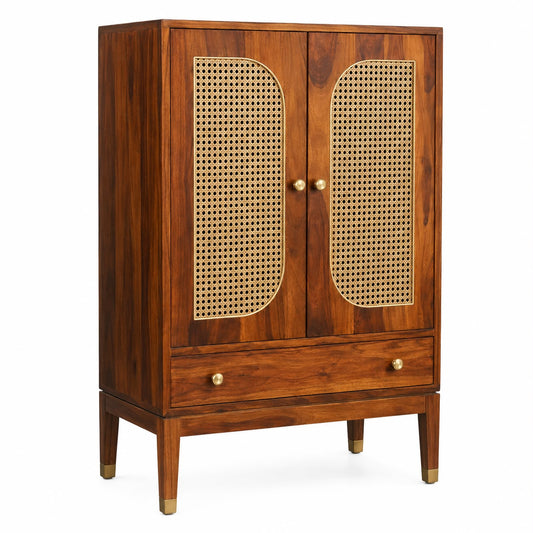 Premwood Solid Sheesham Wood Armoire Cabinet with Rattan Cane Doors | Wooden Storage Cabinet with 2-Door Wardrobe & Drawer | Honey Finish for Bedroom & Living Room