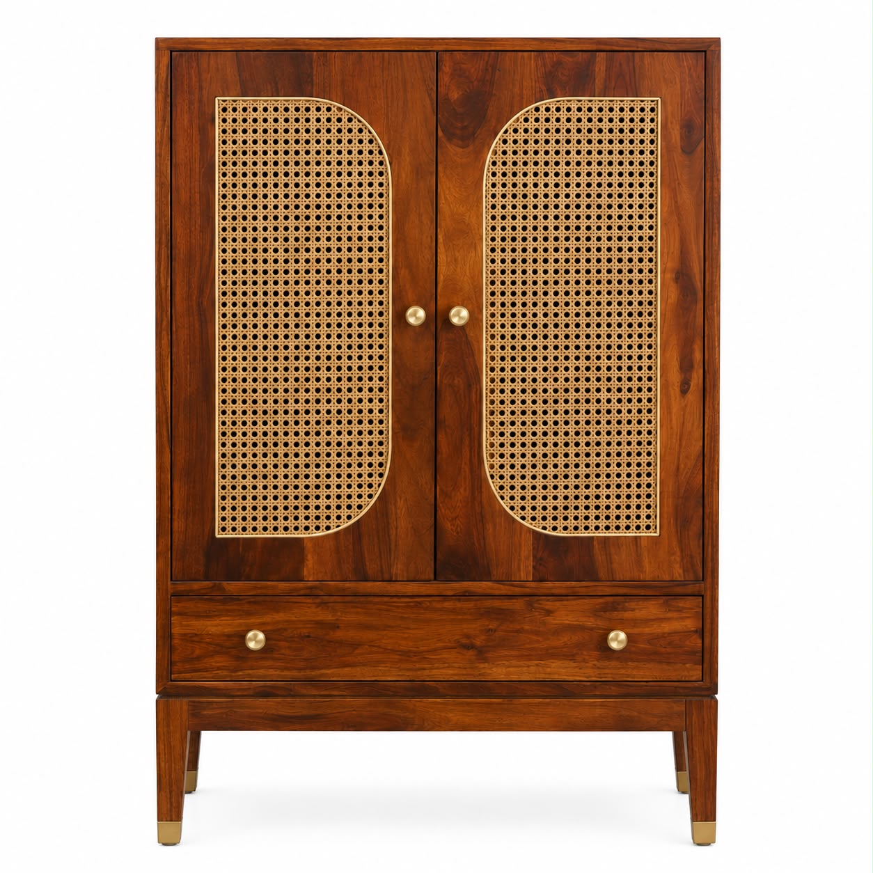 Premwood Solid Sheesham Wood Armoire Cabinet with Rattan Cane Doors | Wooden Storage Cabinet with 2-Door Wardrobe & Drawer | Honey Finish for Bedroom & Living Room