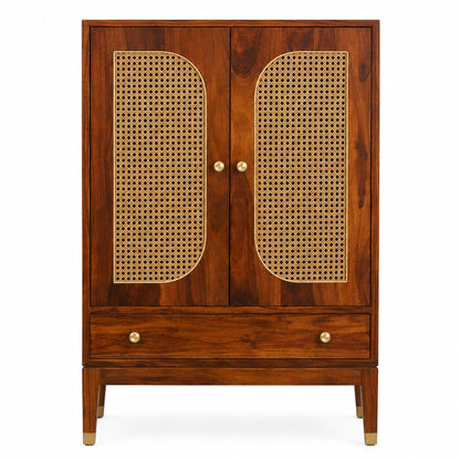Premwood Solid Sheesham Wood Armoire Cabinet with Rattan Cane Doors | Wooden Storage Cabinet with 2-Door Wardrobe & Drawer | Honey Finish for Bedroom & Living Room