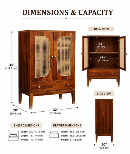 Premwood Solid Sheesham Wood Armoire Cabinet with Rattan Cane Doors | Wooden Storage Cabinet with 2-Door Wardrobe & Drawer | Honey Finish for Bedroom & Living Room