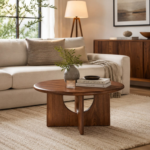 PremWood Round Wooden Coffee Table | Modern Solid Wood Centre Table with Unique Curved Panel Design
