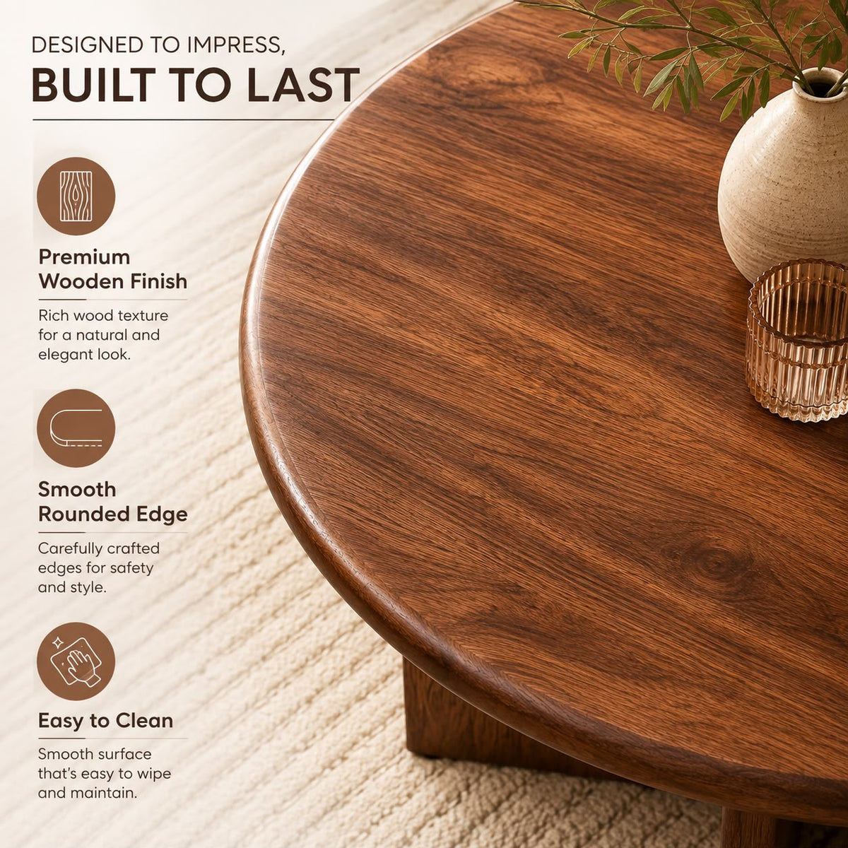 PremWood Round Wooden Coffee Table | Modern Solid Wood Centre Table with Unique Curved Panel Design