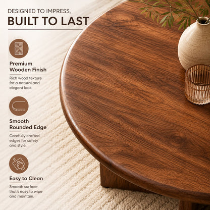 PremWood Round Wooden Coffee Table | Modern Solid Wood Centre Table with Unique Curved Panel Design