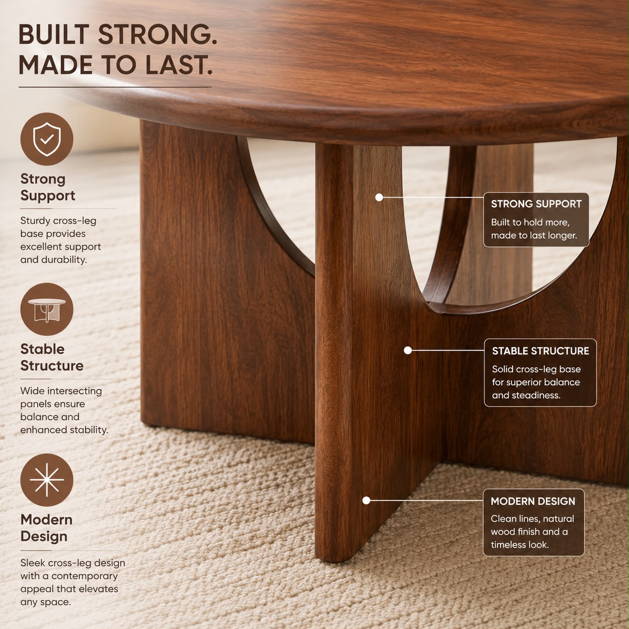 PremWood Round Wooden Coffee Table | Modern Solid Wood Centre Table with Unique Curved Panel Design