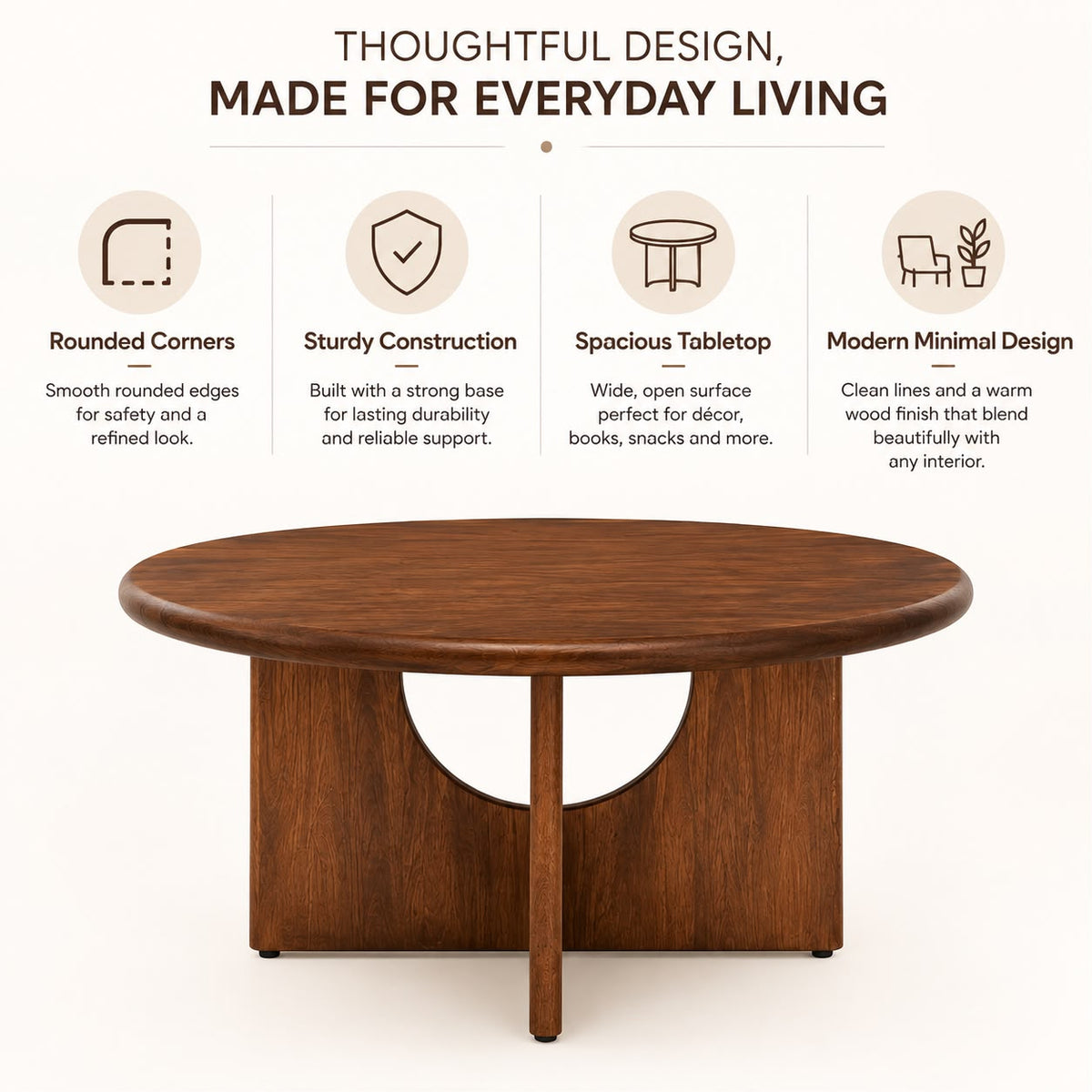PremWood Round Wooden Coffee Table | Modern Solid Wood Centre Table with Unique Curved Panel Design