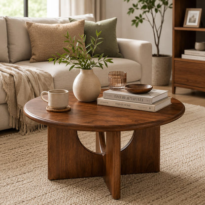 PremWood Round Wooden Coffee Table | Modern Solid Wood Centre Table with Unique Curved Panel Design