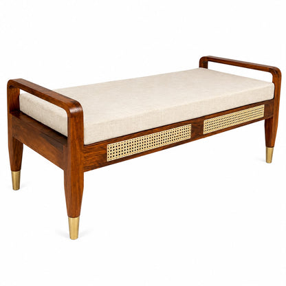 Premwood Solid Sheesham Wood Cane Bench with Upholstered Seat & Brass-Tip Legs