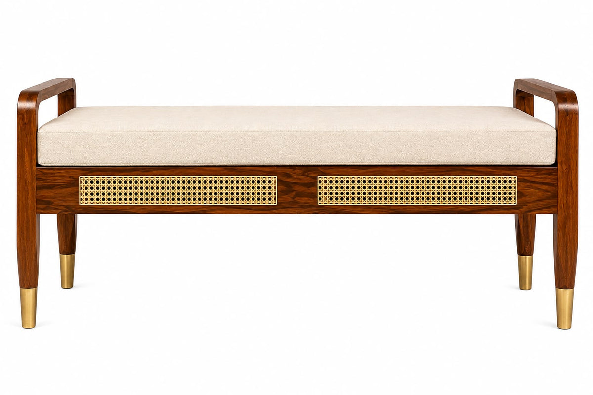 Premwood Solid Sheesham Wood Cane Bench with Upholstered Seat & Brass-Tip Legs
