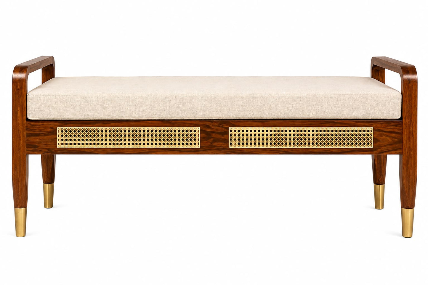 Premwood Solid Sheesham Wood Cane Bench with Upholstered Seat & Brass-Tip Legs