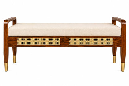 Premwood Solid Sheesham Wood Cane Bench with Upholstered Seat & Brass-Tip Legs