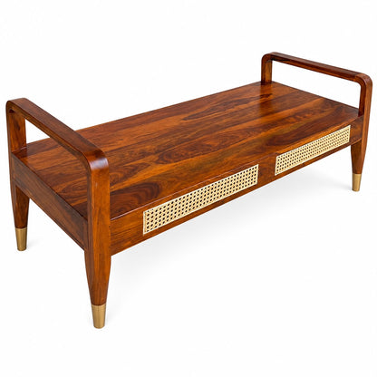 Premwood Solid Sheesham Wood Cane Bench with Upholstered Seat & Brass-Tip Legs