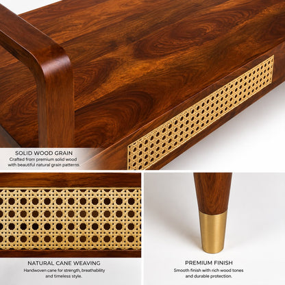 Premwood Solid Sheesham Wood Cane Bench with Upholstered Seat & Brass-Tip Legs