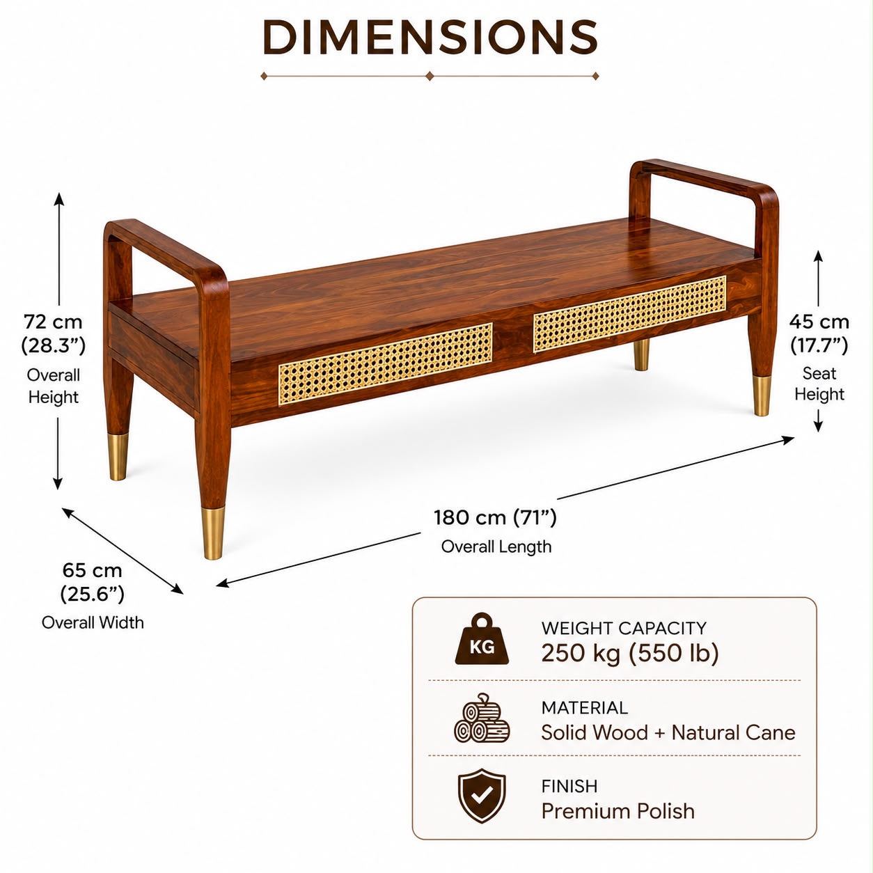 Premwood Solid Sheesham Wood Cane Bench with Upholstered Seat & Brass-Tip Legs