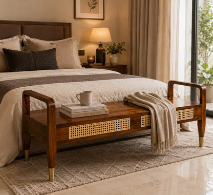 Premwood Solid Sheesham Wood Cane Bench with Upholstered Seat & Brass-Tip Legs