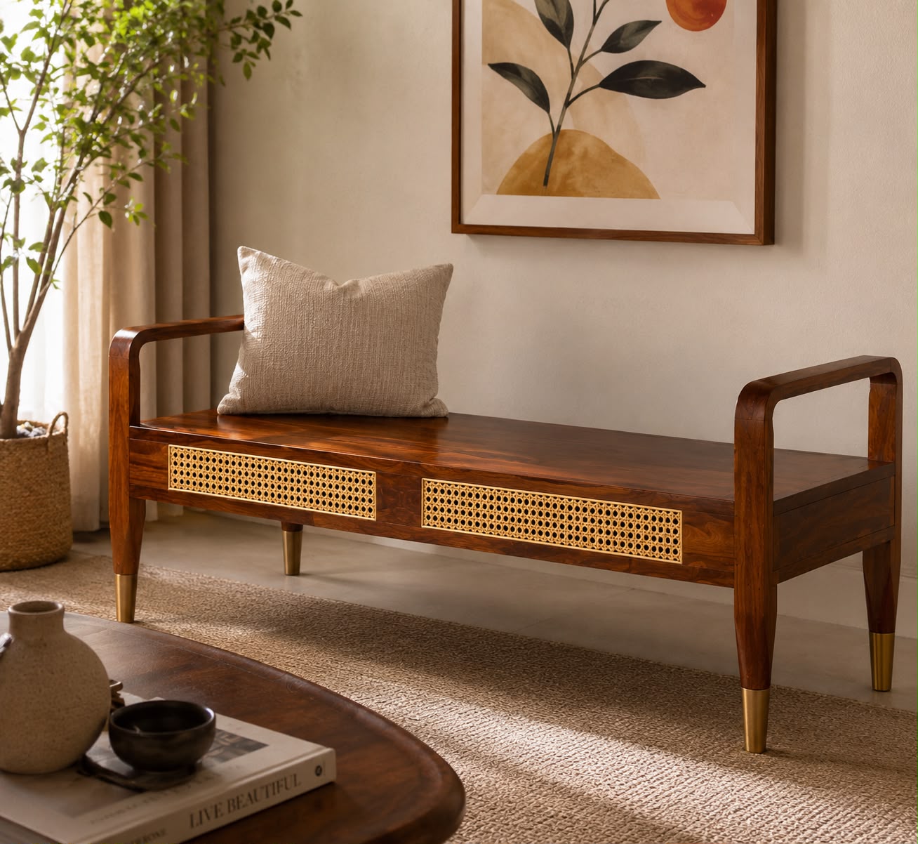 Premwood Solid Sheesham Wood Cane Bench with Upholstered Seat & Brass-Tip Legs