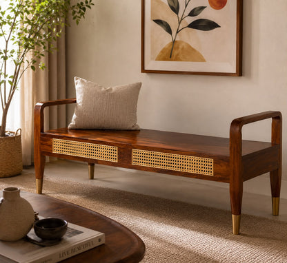 Premwood Solid Sheesham Wood Cane Bench with Upholstered Seat & Brass-Tip Legs