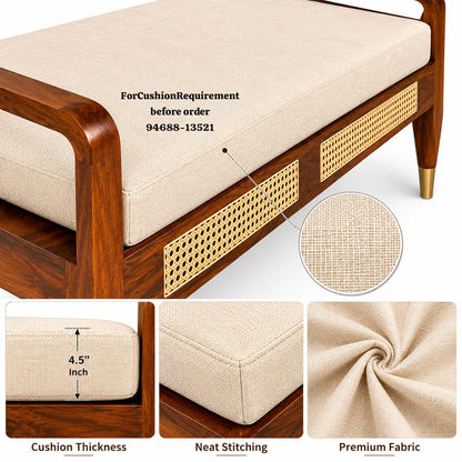 Premwood Solid Sheesham Wood Cane Bench with Upholstered Seat & Brass-Tip Legs