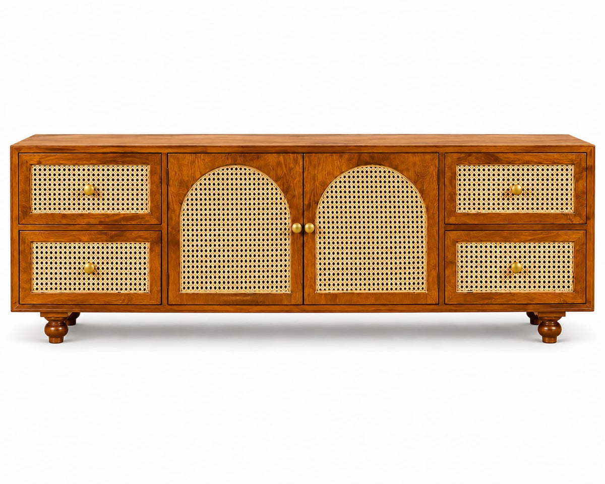 Premwood Solid Wood Cane Weave TV Unit with 4 Drawers & Cabinet | Wooden Entertainment Center with Natural Cane Doors  | Honey Finish