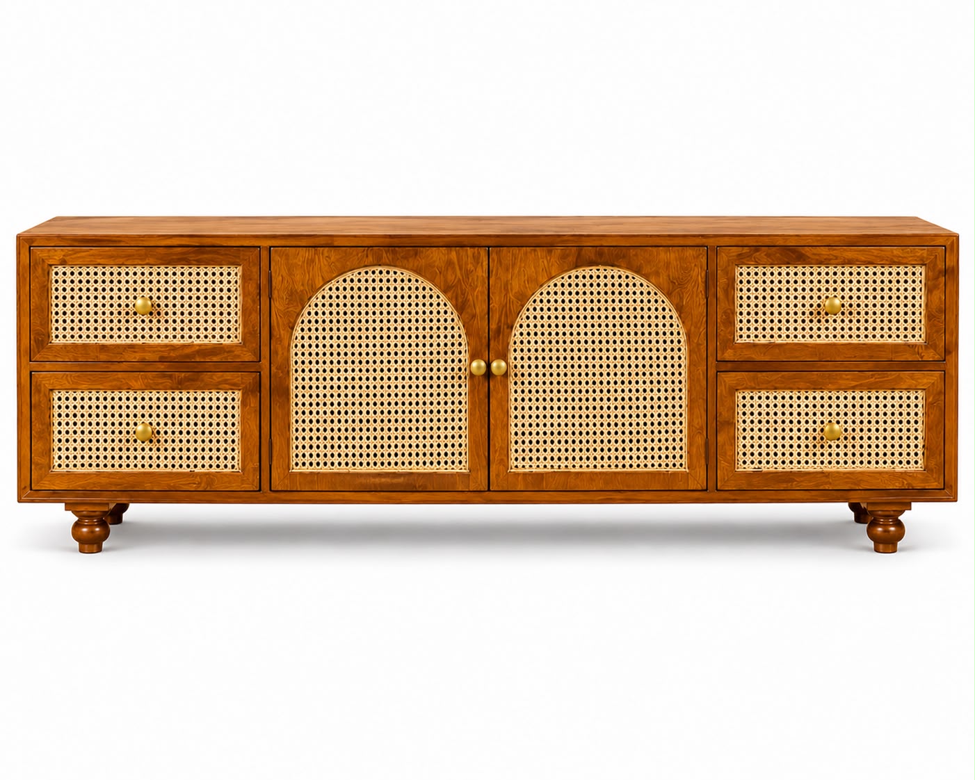 Premwood Solid Wood Cane Weave TV Unit with 4 Drawers & Cabinet | Wooden Entertainment Center with Natural Cane Doors  | Honey Finish