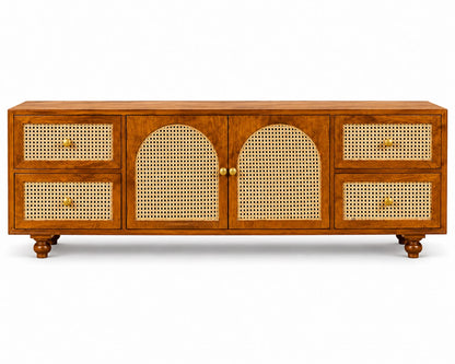 Premwood Solid Wood Cane Weave TV Unit with 4 Drawers & Cabinet | Wooden Entertainment Center with Natural Cane Doors  | Honey Finish