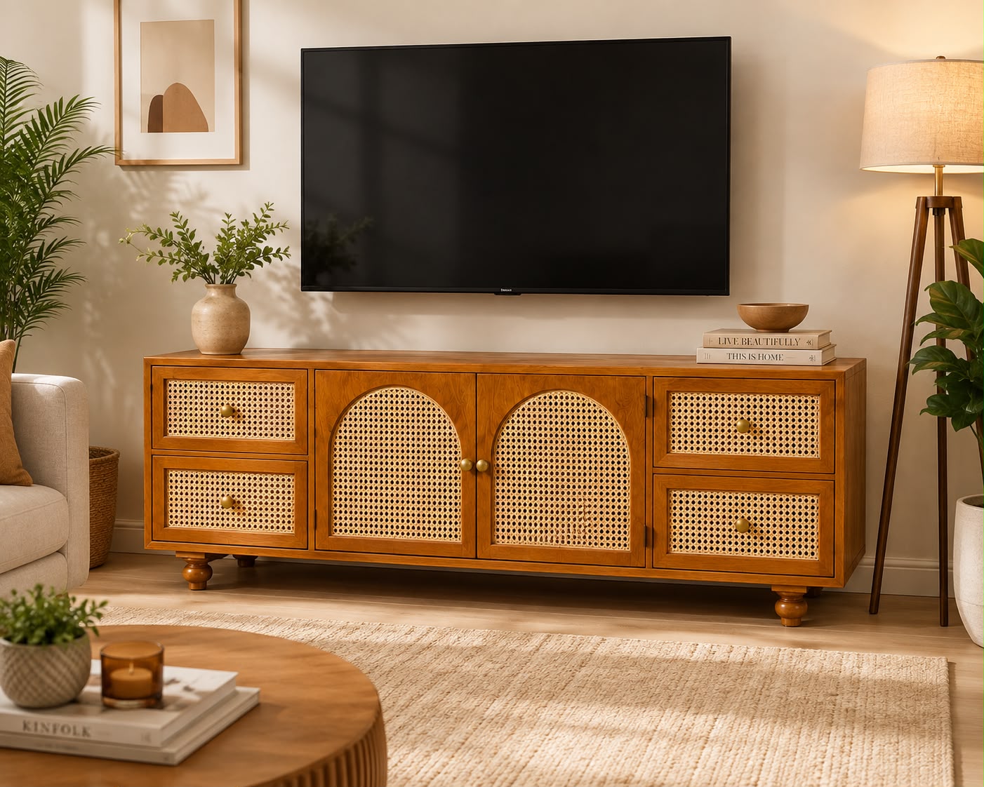 Premwood Solid Wood Cane Weave TV Unit with 4 Drawers & Cabinet | Wooden Entertainment Center with Natural Cane Doors  | Honey Finish